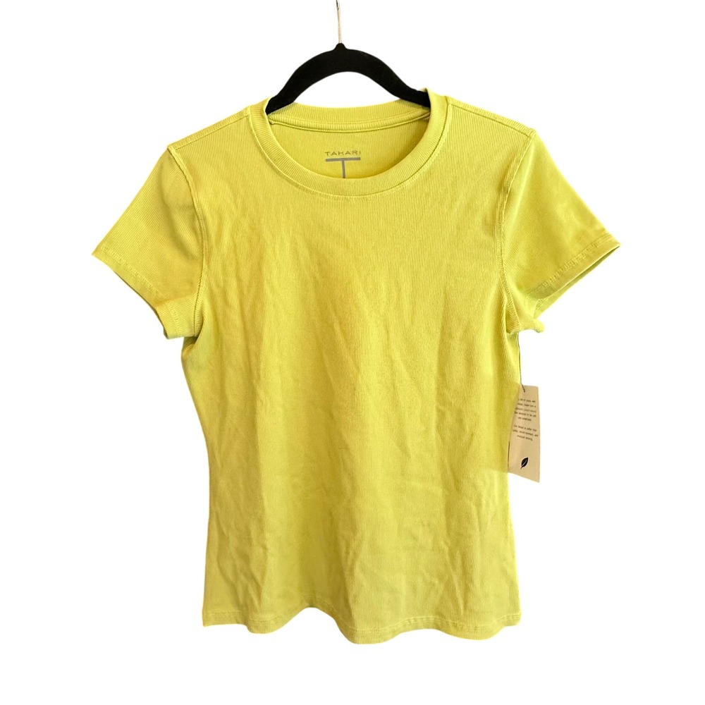 NWT Tahari Celery Green Ribbed Modal Short Sleeve Crew Neck Tee Shirt L Casual